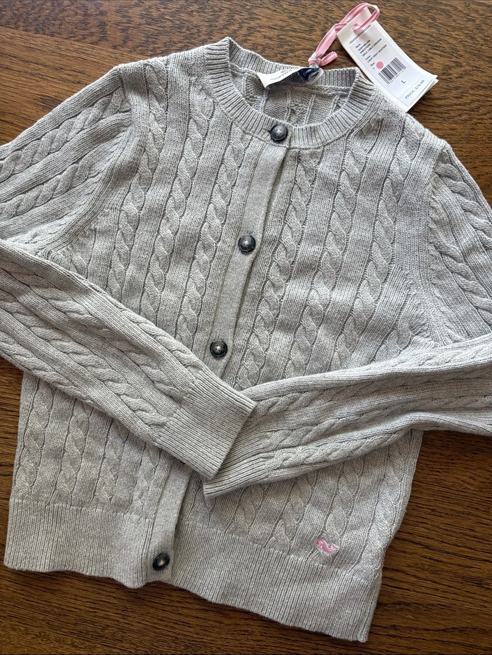 Vineyard Vines Girls L Light Gray Cotton Cashmere Cable-Knit Crewneck Cardigan